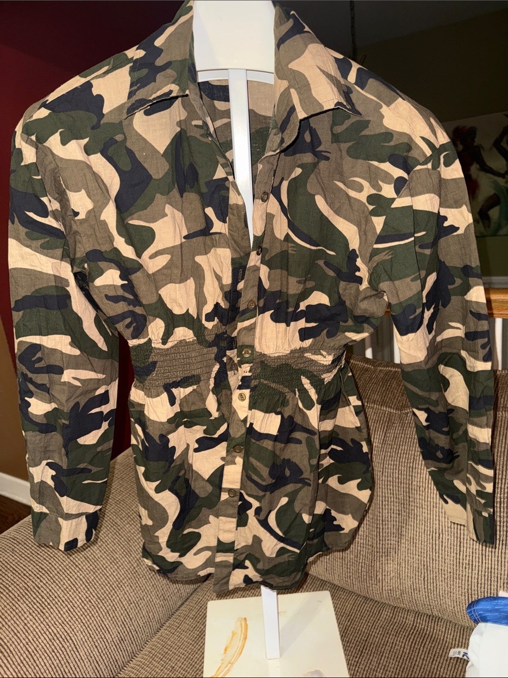 Camo Button-Front Women’s Jacket with Smocked Waist